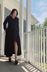 1970s Joseph Magnin Black Glitter Lame Full Length Great Coat Maxi Coat