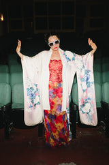 1940s Floral Pastel Hand Painted Pink & Blue Silk Kimono