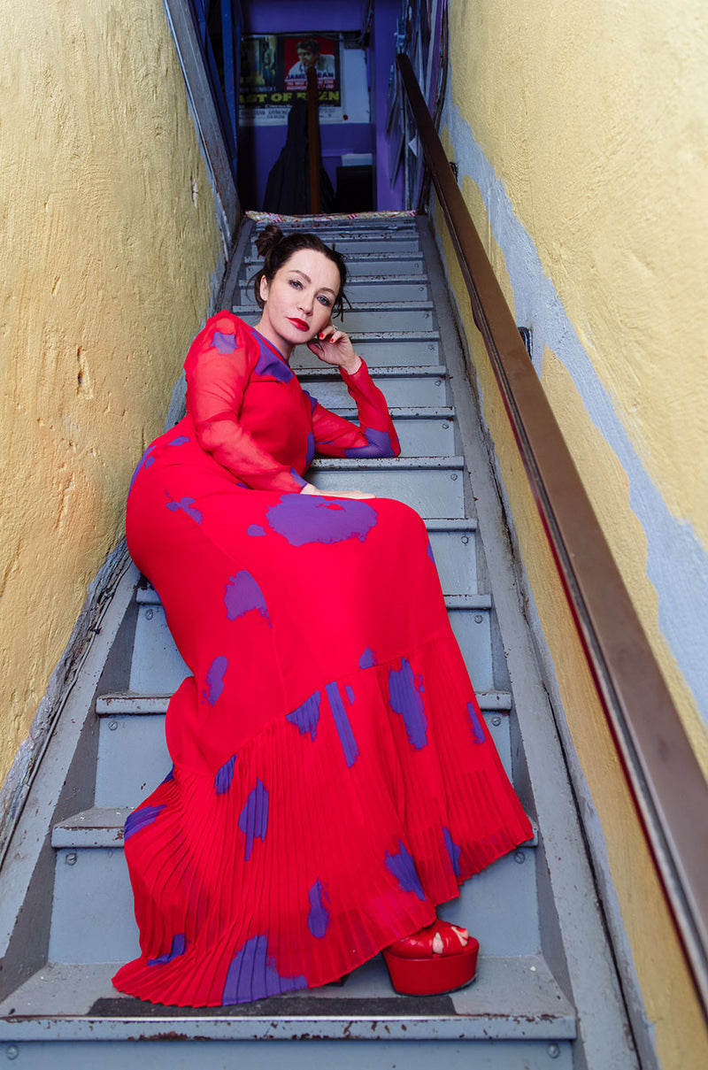 1970s Hanae Mori Silk Chiffon Cherry Red & Purple Dress