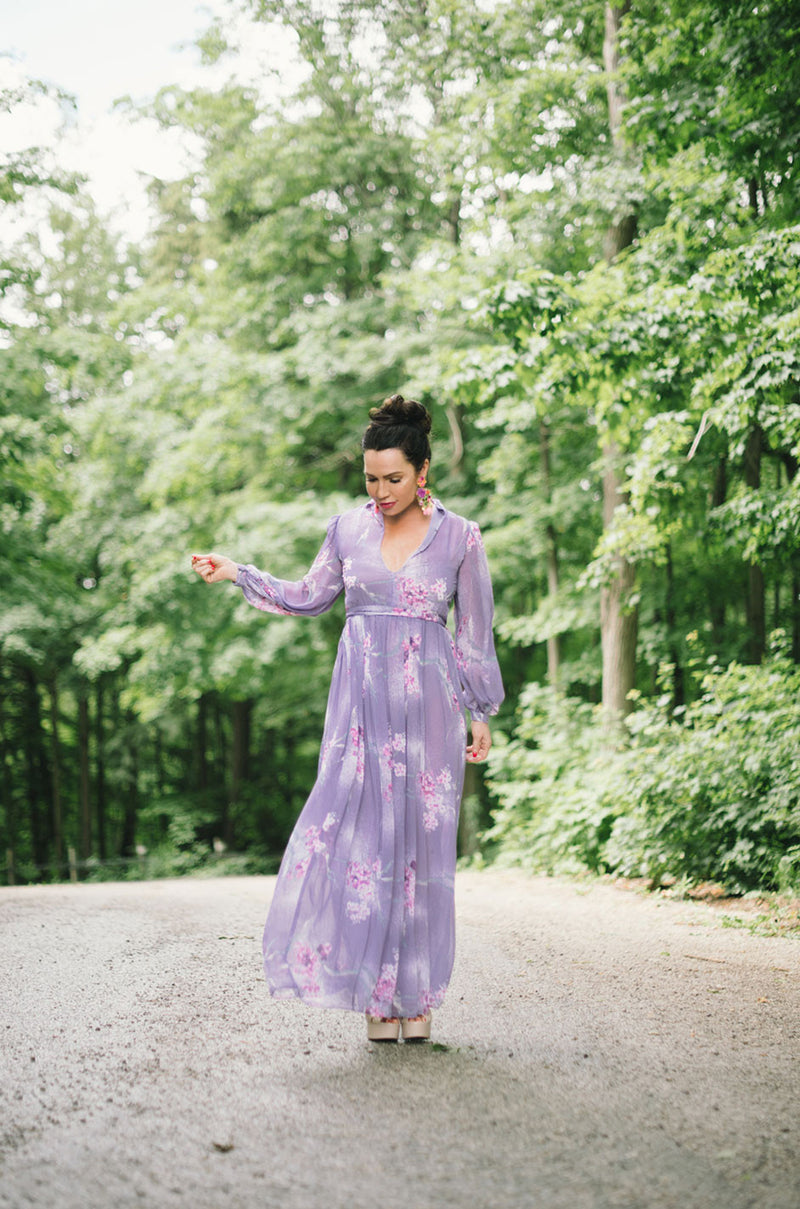 1970s Hanae Mori Romantic Pale Purple Print Chiffon Dress