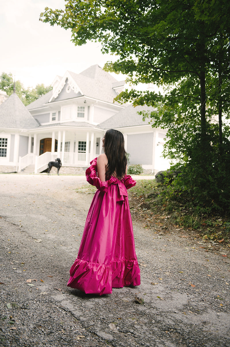 1980s Loris Azzaro Couture Bright Pink Silk Taffeta Backless Plunge Dress