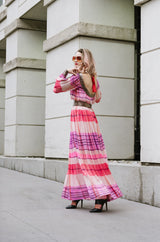 1960s Pink & Gold Silk Chiffon Dress with Silver Beading