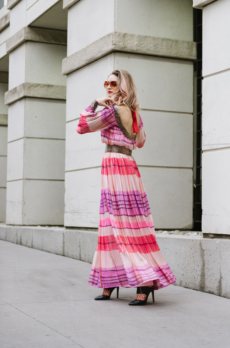 1960s Pink & Gold Silk Chiffon Dress with Silver Beading