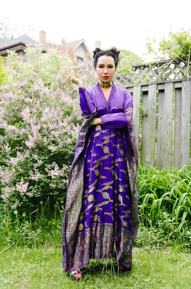 1960s Sleeved Purple Silk & Gold Thread Caftan