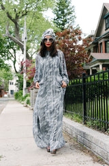 1970s Grey Print Chiffon Yuki Caftan Jersey Dress & Turban