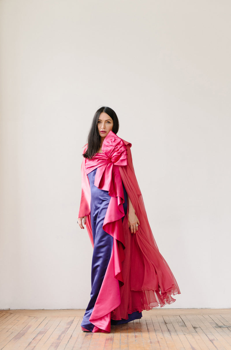 1970s Bill Blass Dramatic Pink & Purple Ruffled Bow Silk Dress