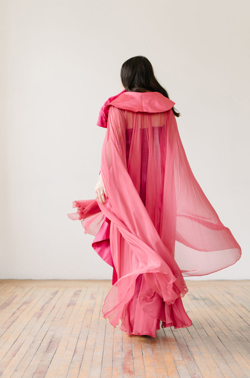 1970s Bill Blass Dramatic Pink & Purple Ruffled Bow Silk Dress