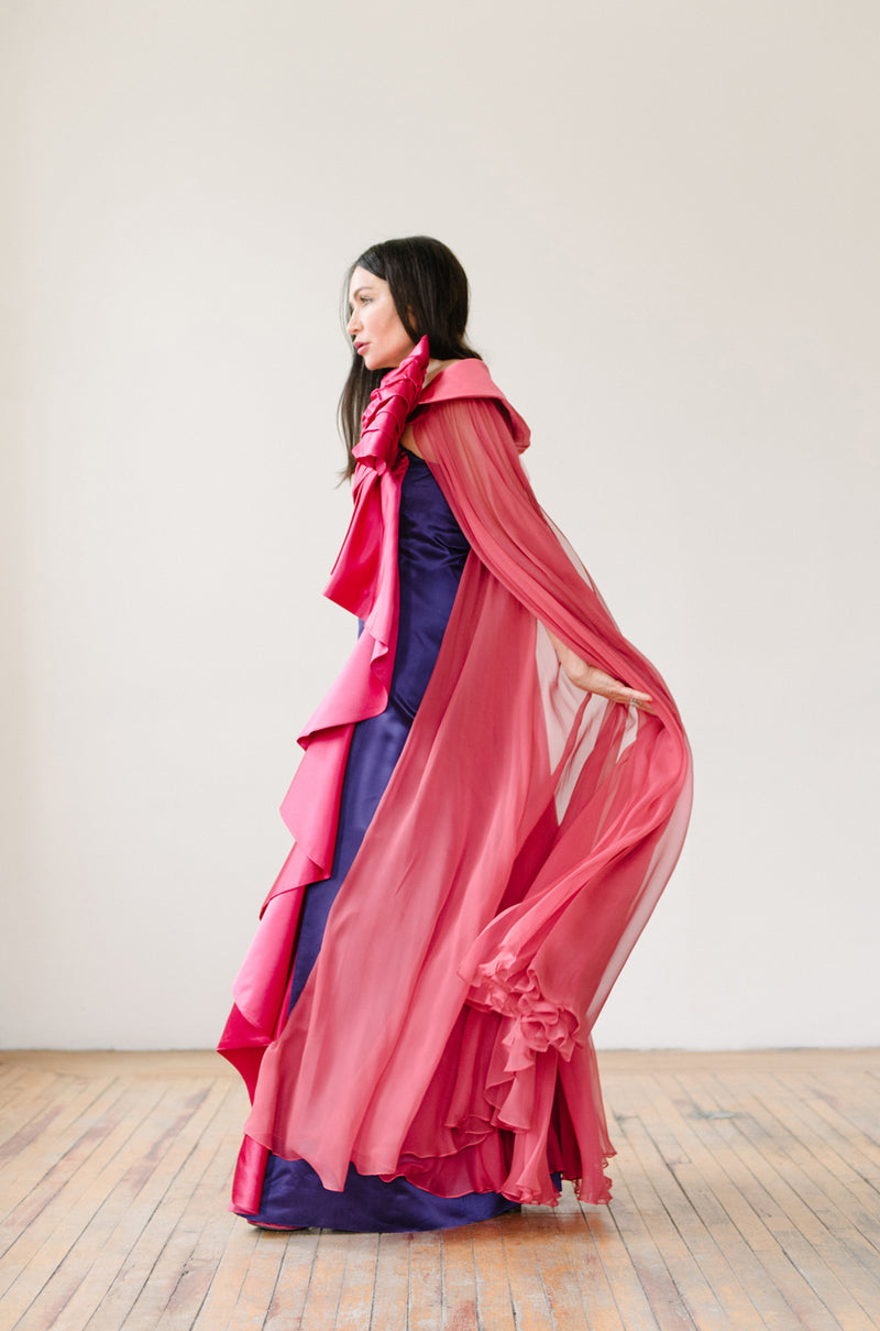 1970s Bill Blass Dramatic Pink & Purple Ruffled Bow Silk Dress