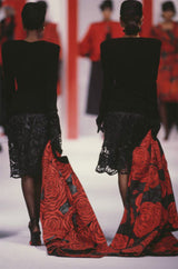Fall 1985 Valentino Runway Felted Wool & Velvet Trim Over-sized Coat w Huge Rose Print Coat