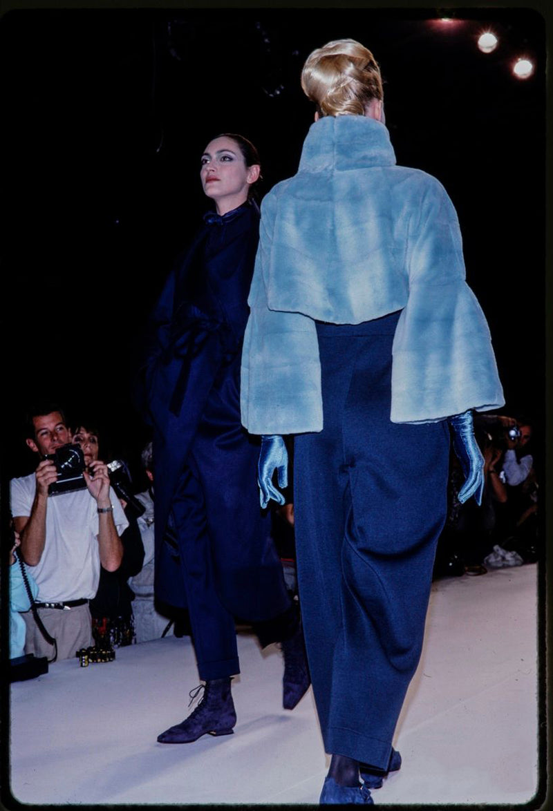 Rare Fall 1989 Claude Montana Runway Baby Blue Sheared Fur Jacket w Dramatic Wrap Front