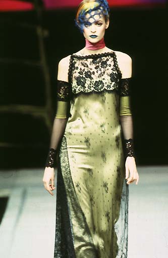 Fall 1997 Christian Lacroix Runway Black Lace Over Dress w a Slinky Si ...