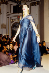 Early 1990s Oscar de la Renta Deep Teal Blue Silk Chiffon Custom Made Dress
