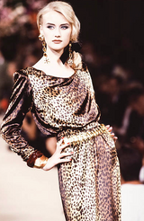 Important Spring 1993 Yves Saint Laurent Runway Draped Neckline Panne Velvet Leopard Print Dress