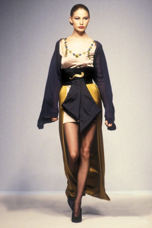 Fall 1994 Guy Laroche Haute Couture Runway Wide Sleeve Dress w Cumberbund & Back Skirt Panel