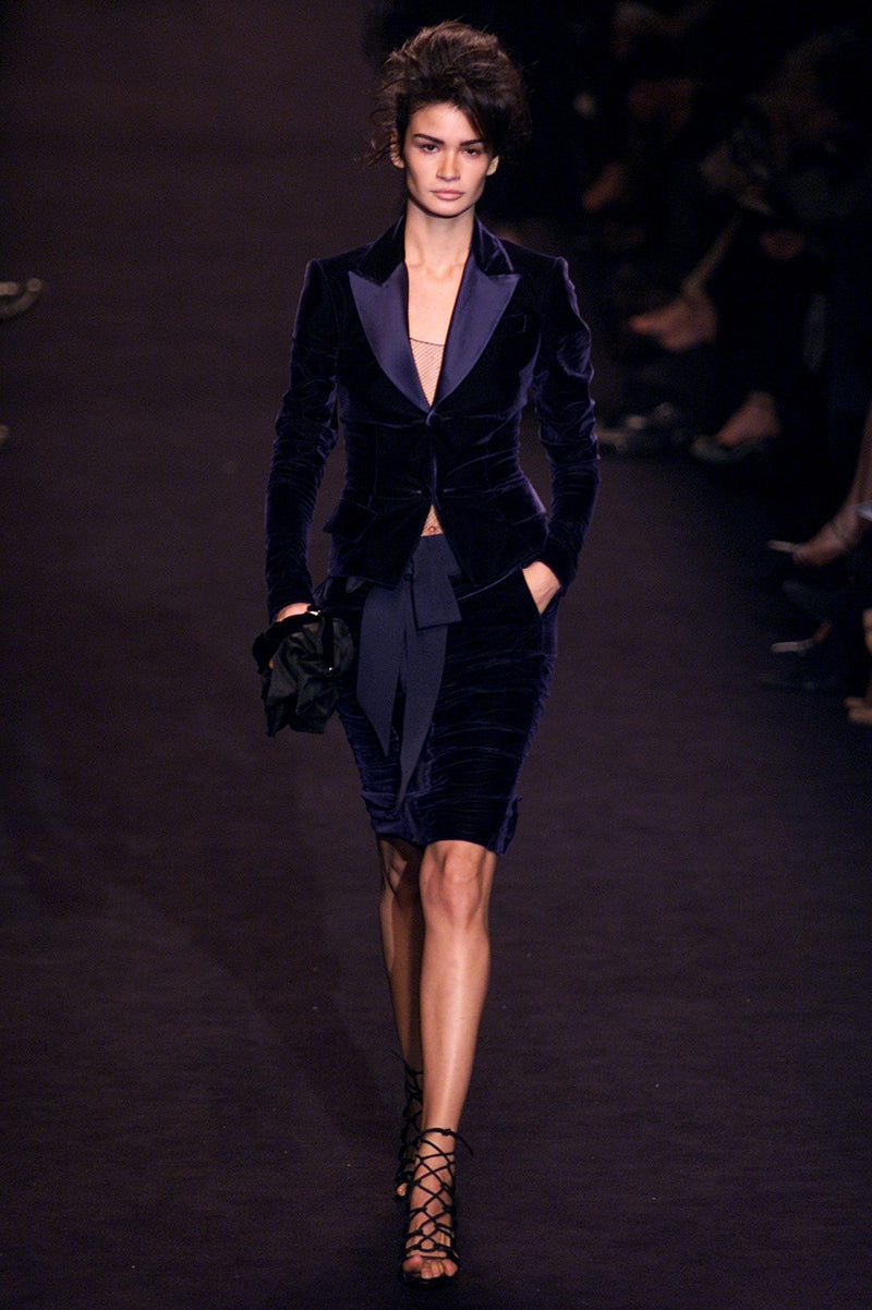 Runway Fall 2002 Yves Saint Laurent Blue Velvet Jacket w Long Sleeves & Tuxedo Collar