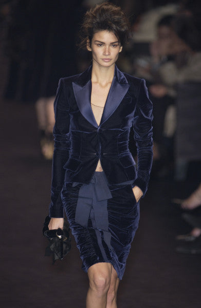Runway Fall 2002 Yves Saint Laurent Blue Velvet Jacket w Long Sleeves & Tuxedo Collar