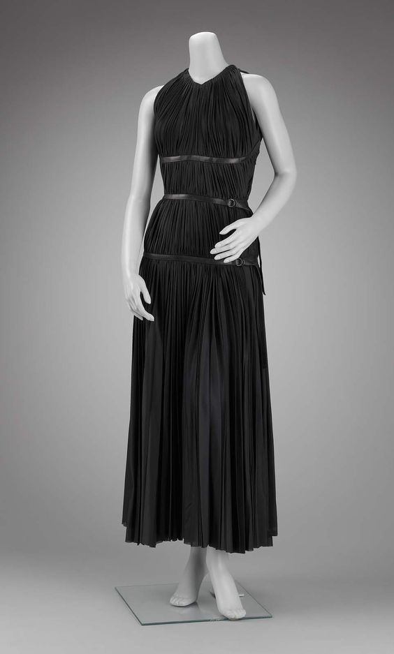 Iconic Fall 2002 Prada Runway & Museum Held Pleated Black Silk & Leather Strap Dress