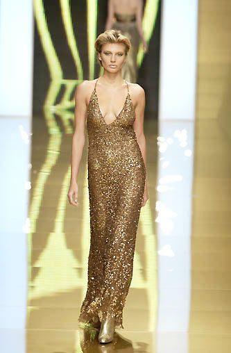 Fall 2002 Valentino Plunged Silk Net Chiffon Dress Completely Covered in Copper Sequins