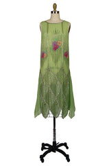 1920s Beaded Floral Green Flapper Dress