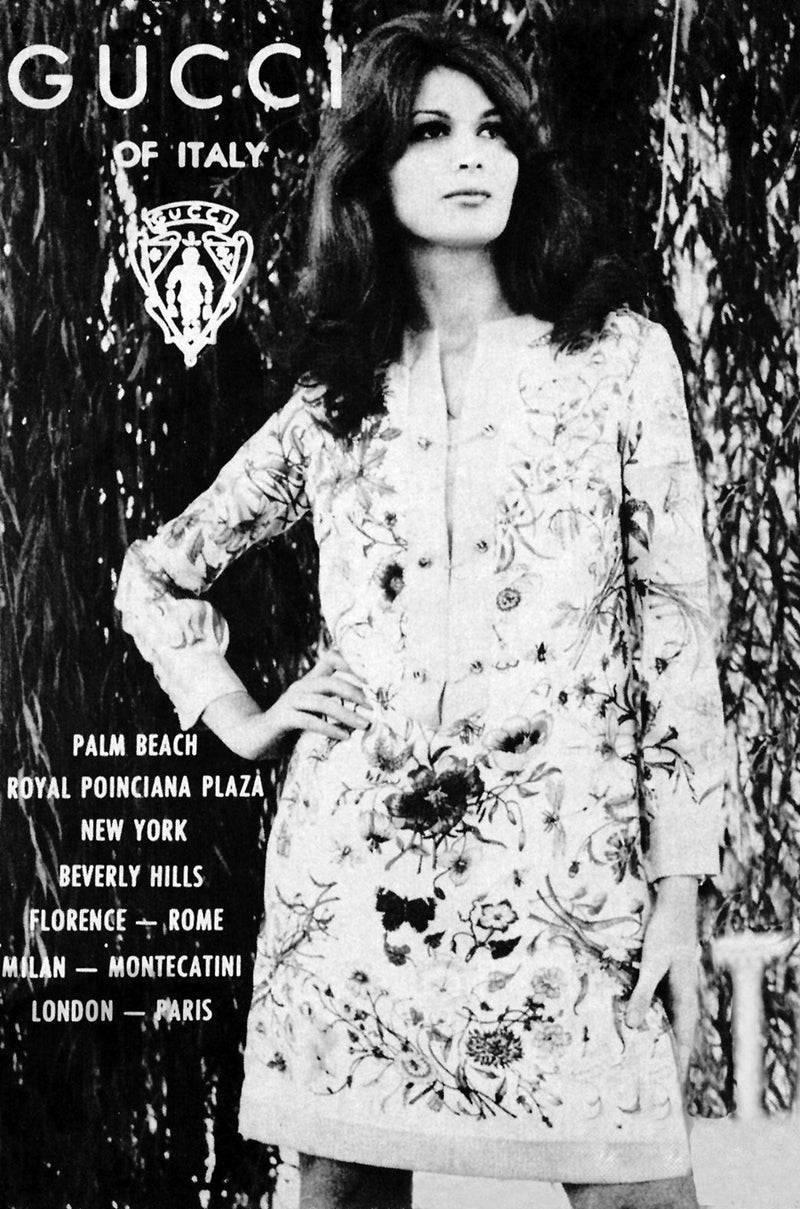 1970s Gucci Ad Campaign Flora Fauna Screen Printed Silk Shift Dress Shrimpton Couture