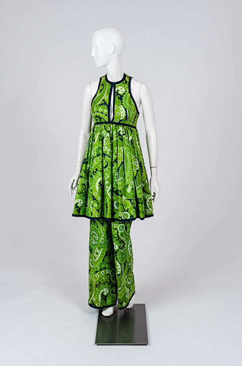 Spring 1969 Geoffrey Beene Well Documented Green Print Hostess Dress