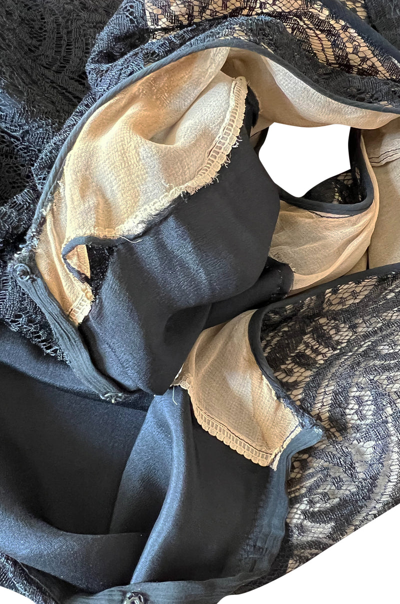 Light as Air Late 1920s Unlabeled Fine Black Lace Dress w Matching Jacket & Rhinestone BuckleBelt
