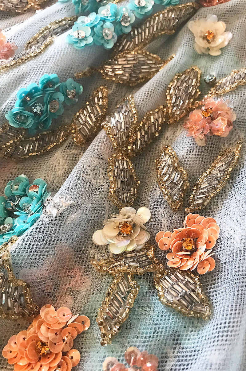 1960s French Pale Blue Hand Beaded & Sequin on Net Dress
