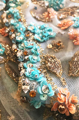 1960s French Pale Blue Hand Beaded & Sequin on Net Dress