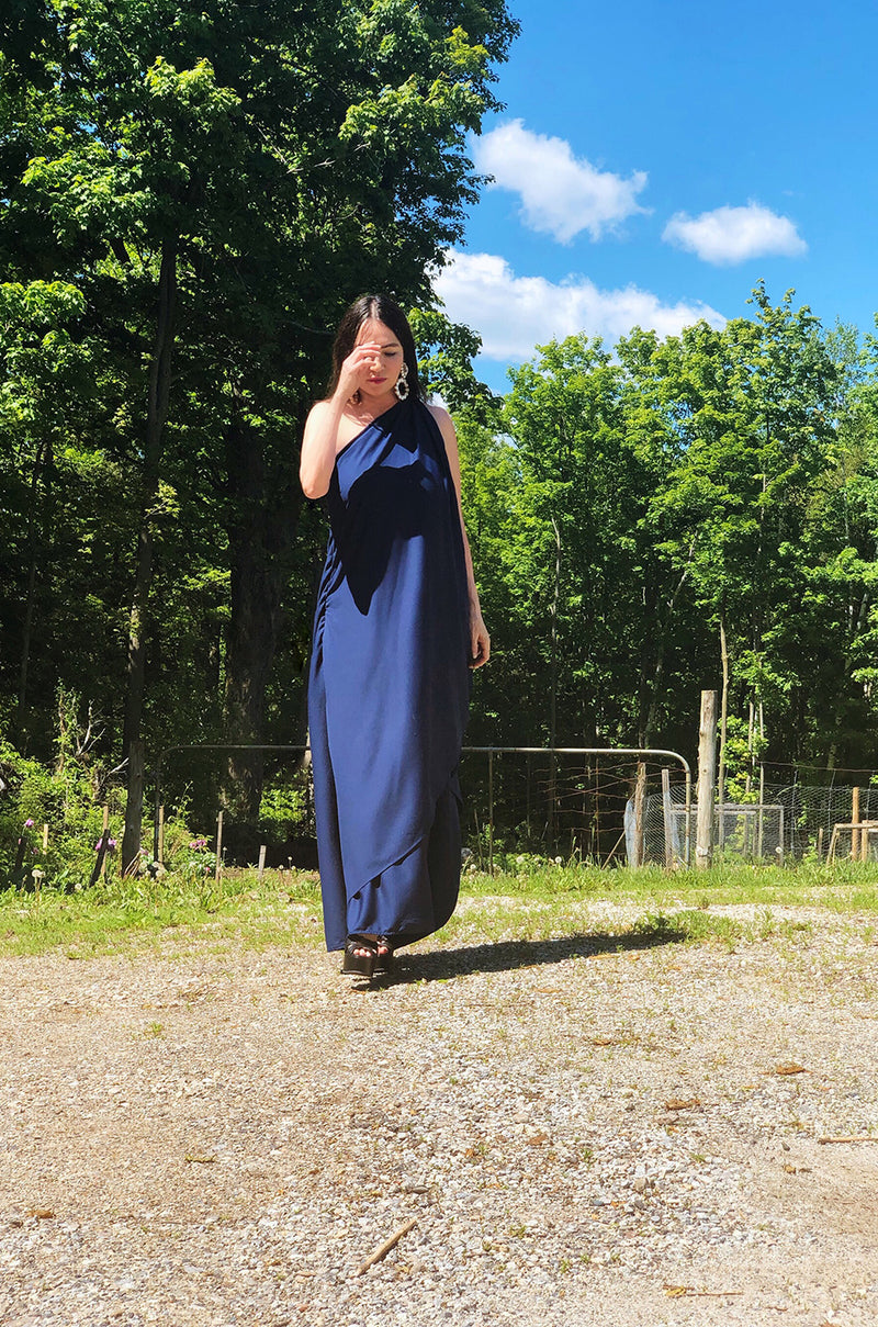 1978 Halston Deep Blue One Shoulder Draped Jersey Maxi Dress