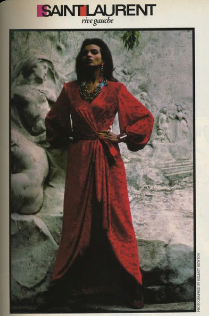 1985 Yves Saint Laurent Red Crushed Velvet Wrap Plunge Dress