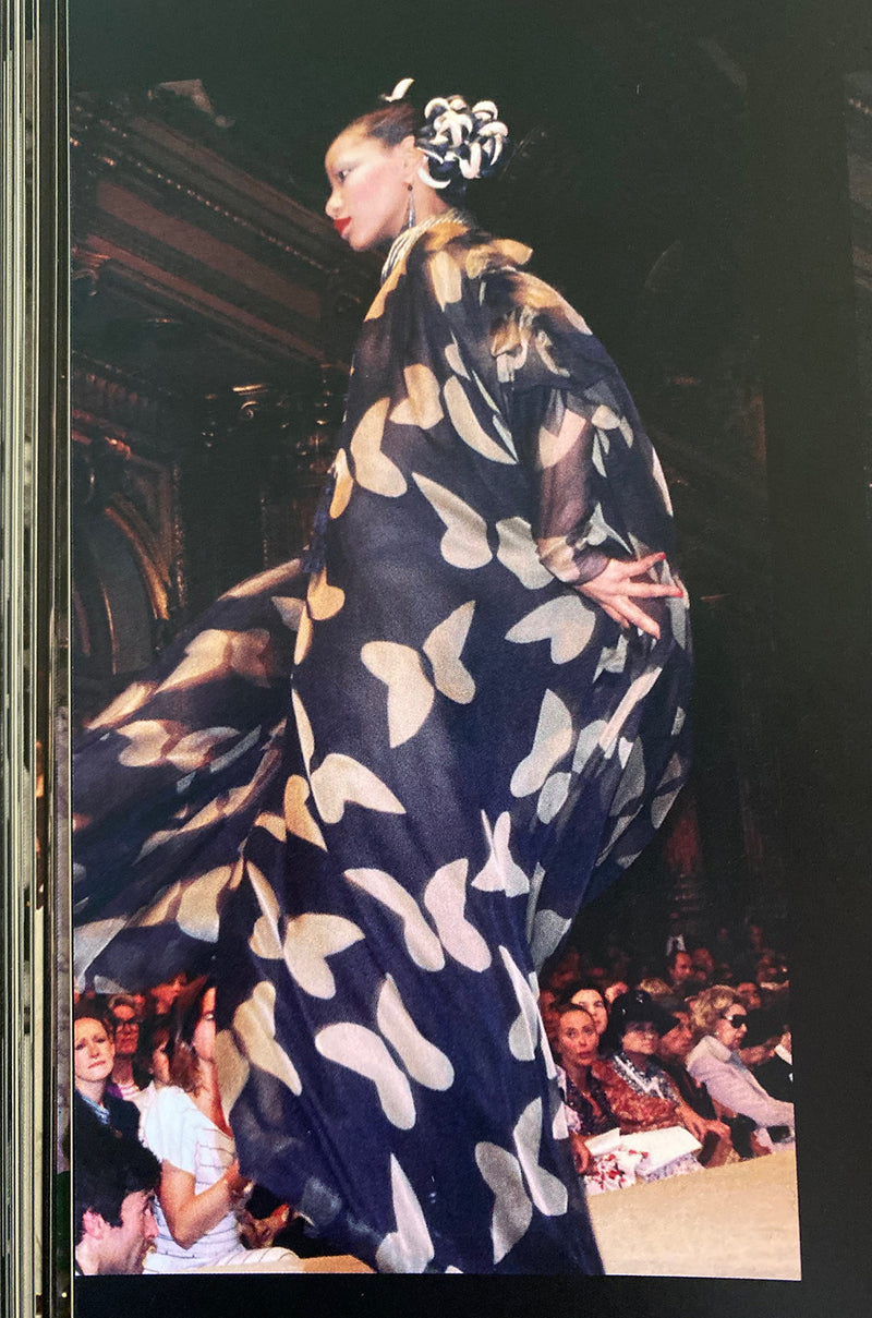 c. 1978 Yves Saint Laurent Large Floral Print Coral Plunge Silk Chiffon Dress