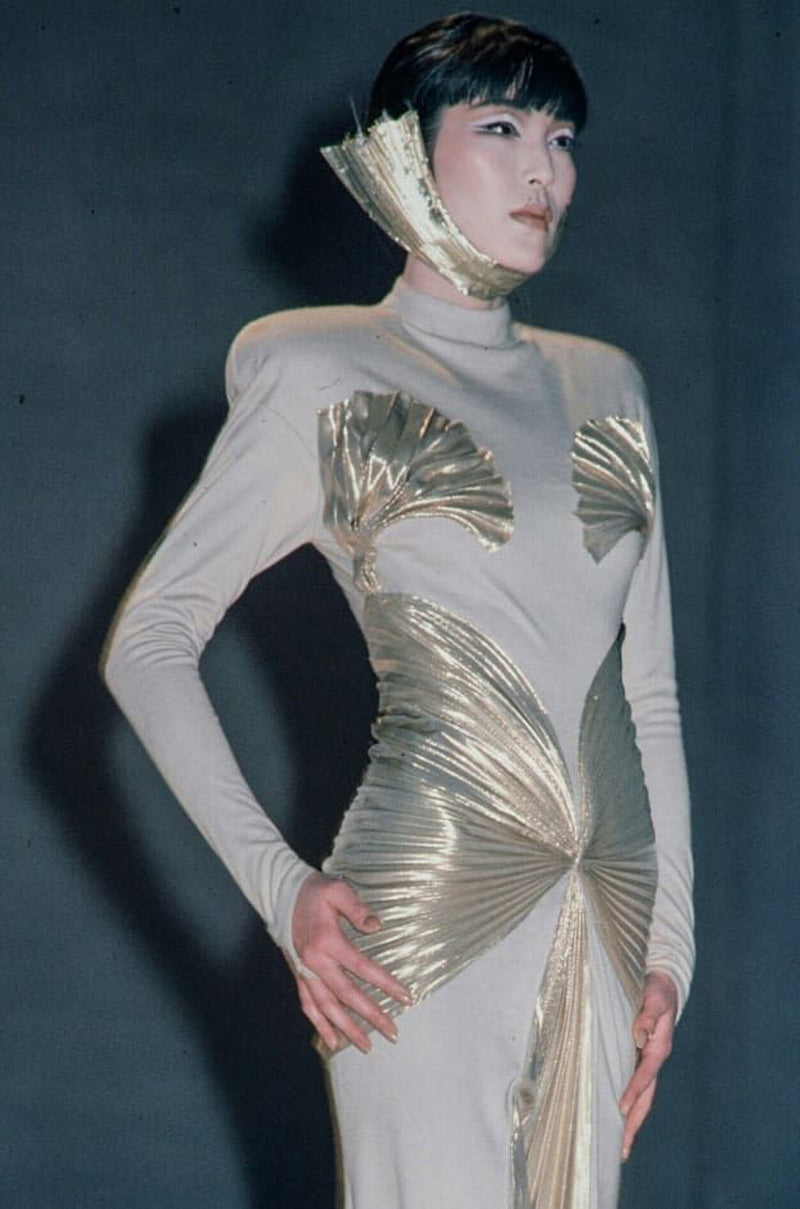 Rare Spring 1985 Thierry Mugler Bombshell Pleated Gold Lurex 'Shell' Dress