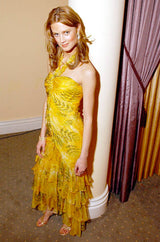 Spring 2004 Oscar de la Renta Runway Yellow Silk Chiffon Ruffled Dress w Fern & Floral Print