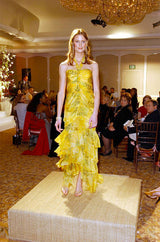 Spring 2004 Oscar de la Renta Runway Yellow Silk Chiffon Ruffled Dress w Fern & Floral Print