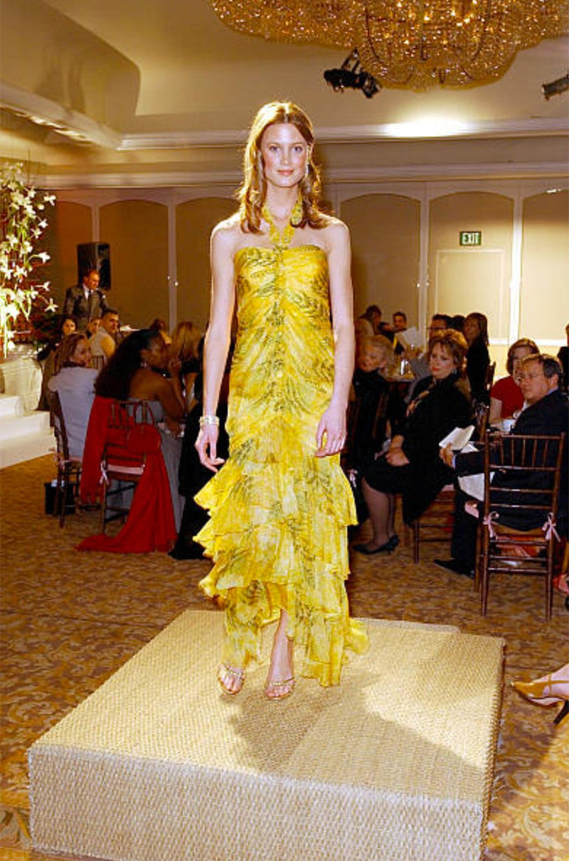 Spring 2004 Oscar de la Renta Runway Yellow Silk Chiffon Ruffled Dress w Fern & Floral Print