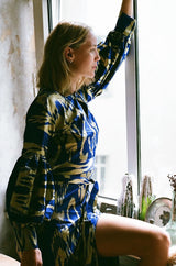 Recent Zazi Vintage Silk Ikat "Madhu" Bliue & Gold Caftan Dress