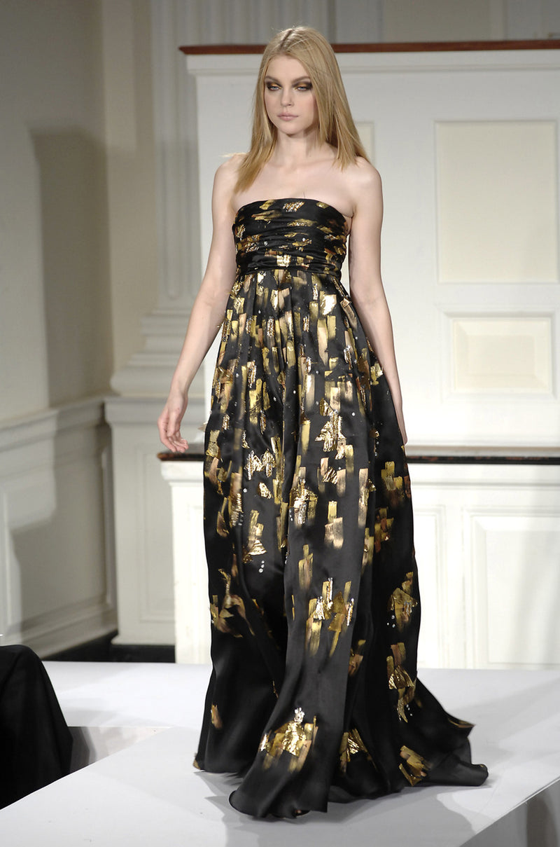 Fall 2008 Oscar De La Renta Strapless Hand Painted Gold & Black Silk D Shrimpton Couture Fall 2008 Oscar De La Renta Strapless Hand Painted Gold & Black Silk D Shrimpton Couture