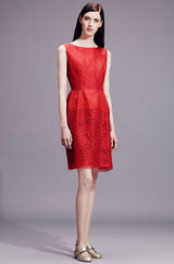 Resort 2015 Alberta Ferretti Red Silk Organza & Embroidered Lace Open Cut Work Dress