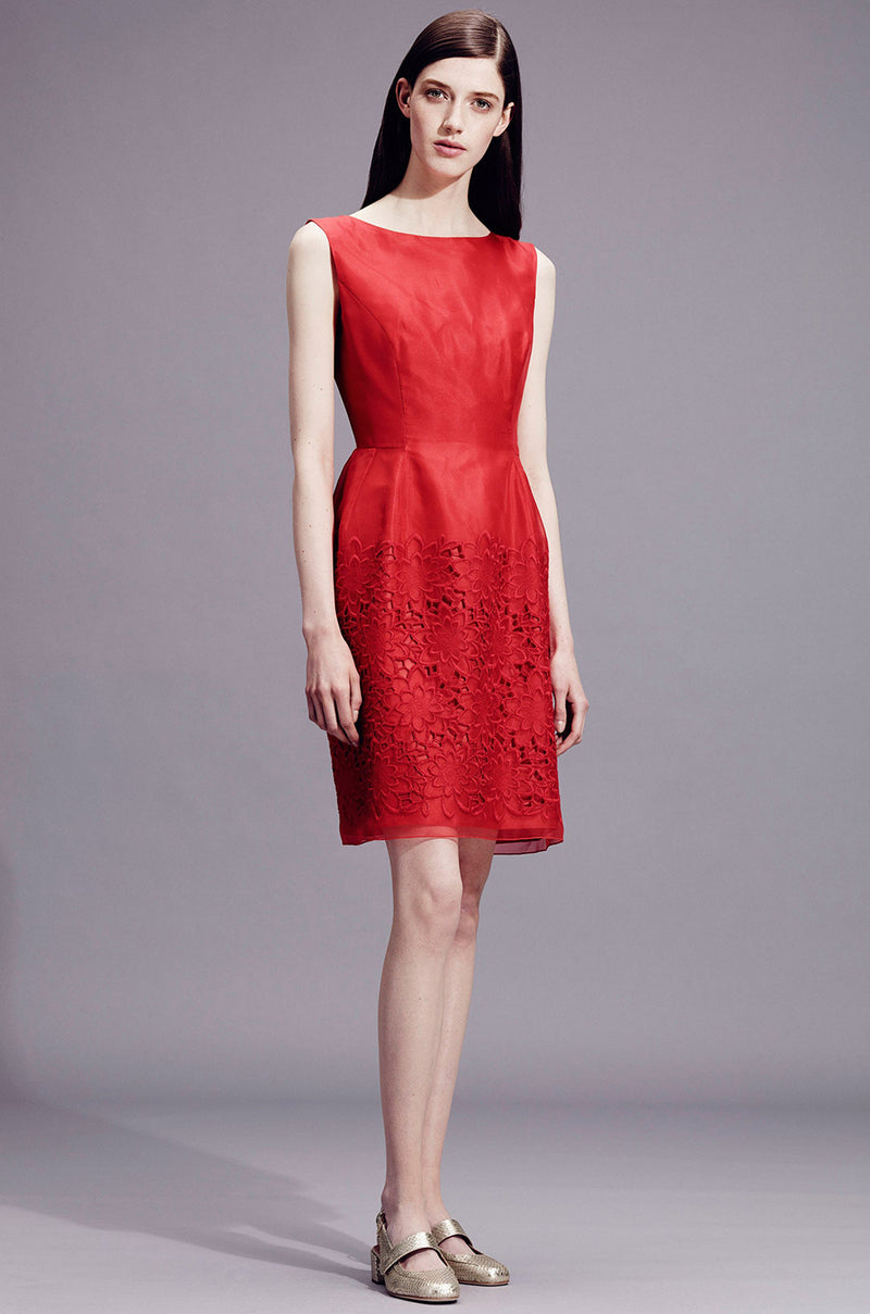 Resort 2015 Alberta Ferretti Red Silk Organza & Embroidered Lace Open Cut Work Dress