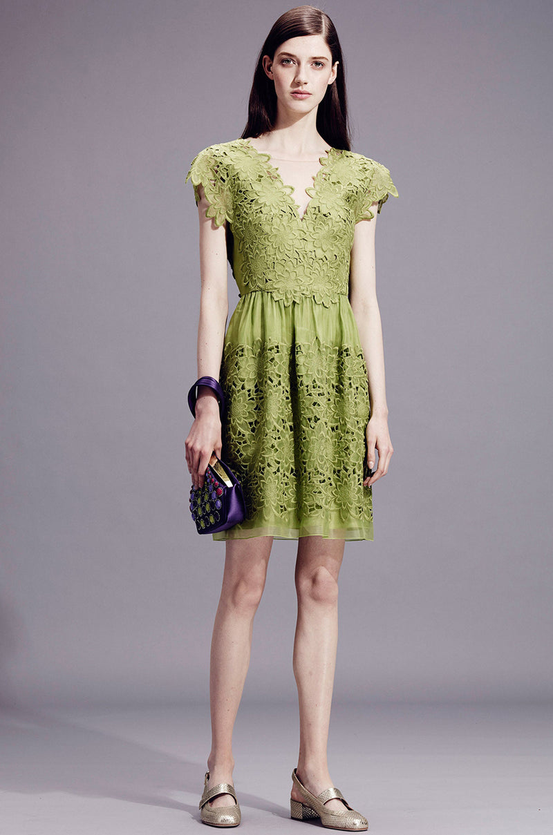 Resort 2015 Alberta Ferretti Red Silk Organza & Embroidered Lace Open Cut Work Dress