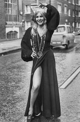 Iconic 1972 Ossie Clark Couture Black Moss Crepe Open Back Wrapped Dress w Bishop Sleeves