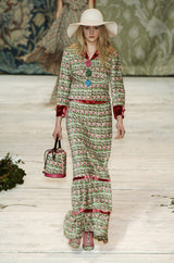 Fall 2005 Kenzo Defile Printed Pink & Green Floral Velvet Suit w Contrasting Lining