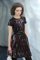 Iconic Fall 2010 Chanel by Karl Lagerfeld Look 21 Runway Black Knit Boucle Dress w Fringe Detailing
