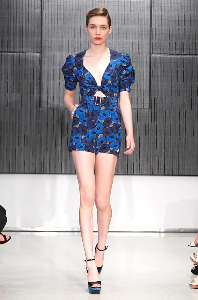 Resort 2012 Yves Saint Laurent Tie Front Blue Print Crepe Dress