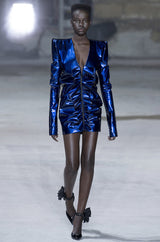 Fall 2017 Yves Saint Laurent Blue Patent Leather Ruffled Runway Dress
