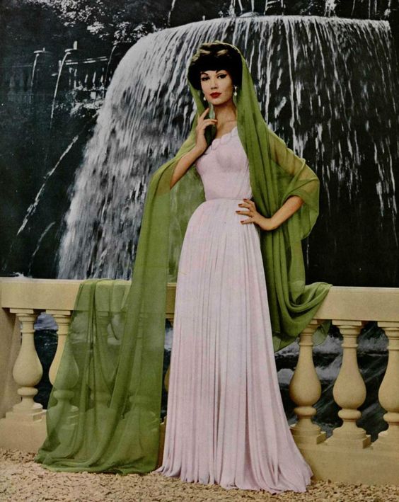 Magical c.1958 Madame Gres Haute Couture Printed Silk Chiffon Dress & Hooded Cape Piece