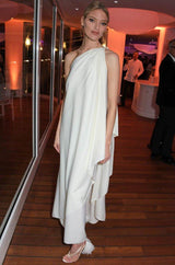 c.1978 Halston One Shoulder Draped Pink Nylon Jersey Full Length Maxi Dress