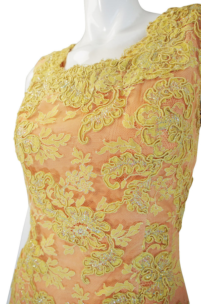 1960s Peach and Yellow Lace Gown