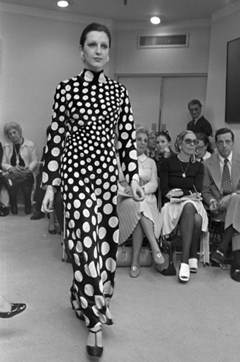 c.1972 Pauline Trigere Graduated Green Dots on Bias Cut Silk Dress