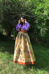 Fall 1977 Bill Blass Printed Silk Taffeta Skirt & Off Shoulder Purple Silk Top Dress Set